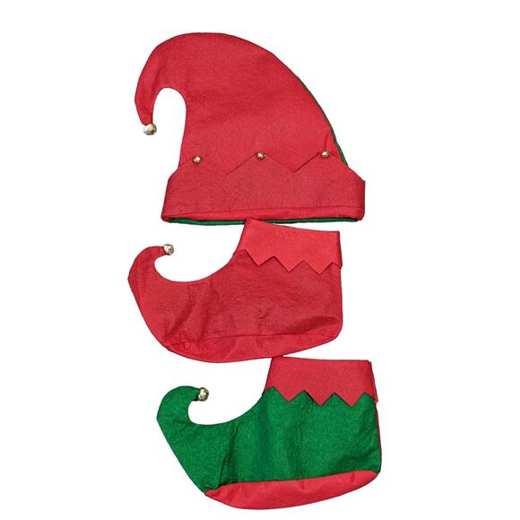 Christmas Elf Outfit Hat Shoes Jingle Bells Felt‎ One Size Green Red Holiday Fun - Picture 5 of 8